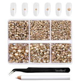 Beadsland 4300pcs Flatback Rhinestones,Gold Rhinestone Nail Gems Round Crystal Rhinestones for Crafts,Mixed 6 Sizes with Picking Tweezers and Wax Pencil Kit, SS6-SS20,Golden Shadow