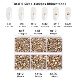 Beadsland 4300pcs Flatback Rhinestones,Gold Rhinestone Nail Gems Round Crystal Rhinestones for Crafts,Mixed 6 Sizes with Picking Tweezers and Wax Pencil Kit, SS6-SS20,Golden Shadow