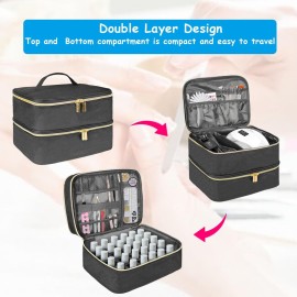 Nail Polish Carrying Case, Double-Layer Nail Polish Storage Bag- Fits Nail Dryer Lamp and 30 Bottles(15ml/0.5 fl.oz), Nail Polish Organizer bag with Adjustable Dividers for Manicure Set (Black)