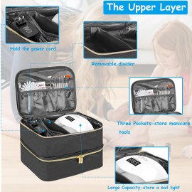 Nail Polish Carrying Case, Double-Layer Nail Polish Storage Bag- Fits Nail Dryer Lamp and 30 Bottles(15ml/0.5 fl.oz), Nail Polish Organizer bag with Adjustable Dividers for Manicure Set (Black)