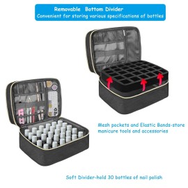 Nail Polish Carrying Case, Double-Layer Nail Polish Storage Bag- Fits Nail Dryer Lamp and 30 Bottles(15ml/0.5 fl.oz), Nail Polish Organizer bag with Adjustable Dividers for Manicure Set (Black)