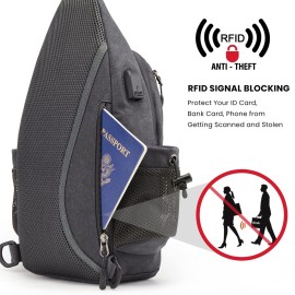 G4Free Canvas Sling Bag Crossbody Backpack with USB Charging Port & RFID Blocking, Hiking Daypack Chest Bag for Women Men(Dark Grey)
