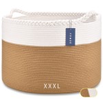 COMSE Extra Large Blanket Basket, Woven Laundry Basket, 21.7x 13.8, Nursery Hamper, Cotton Rope Laundry Hamper Living Room for Storage Toys Clothes Towels(White & Camel)