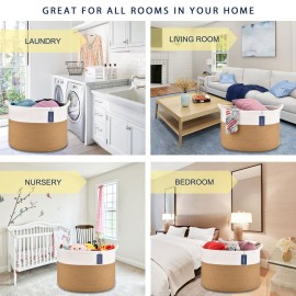 COMSE Extra Large Blanket Basket, Woven Laundry Basket, 21.7x 13.8, Nursery Hamper, Cotton Rope Laundry Hamper Living Room for Storage Toys Clothes Towels(White & Camel)