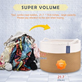 COMSE Extra Large Blanket Basket, Woven Laundry Basket, 21.7x 13.8, Nursery Hamper, Cotton Rope Laundry Hamper Living Room for Storage Toys Clothes Towels(White & Camel)