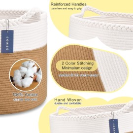 COMSE Extra Large Blanket Basket, Woven Laundry Basket, 21.7x 13.8, Nursery Hamper, Cotton Rope Laundry Hamper Living Room for Storage Toys Clothes Towels(White & Camel)