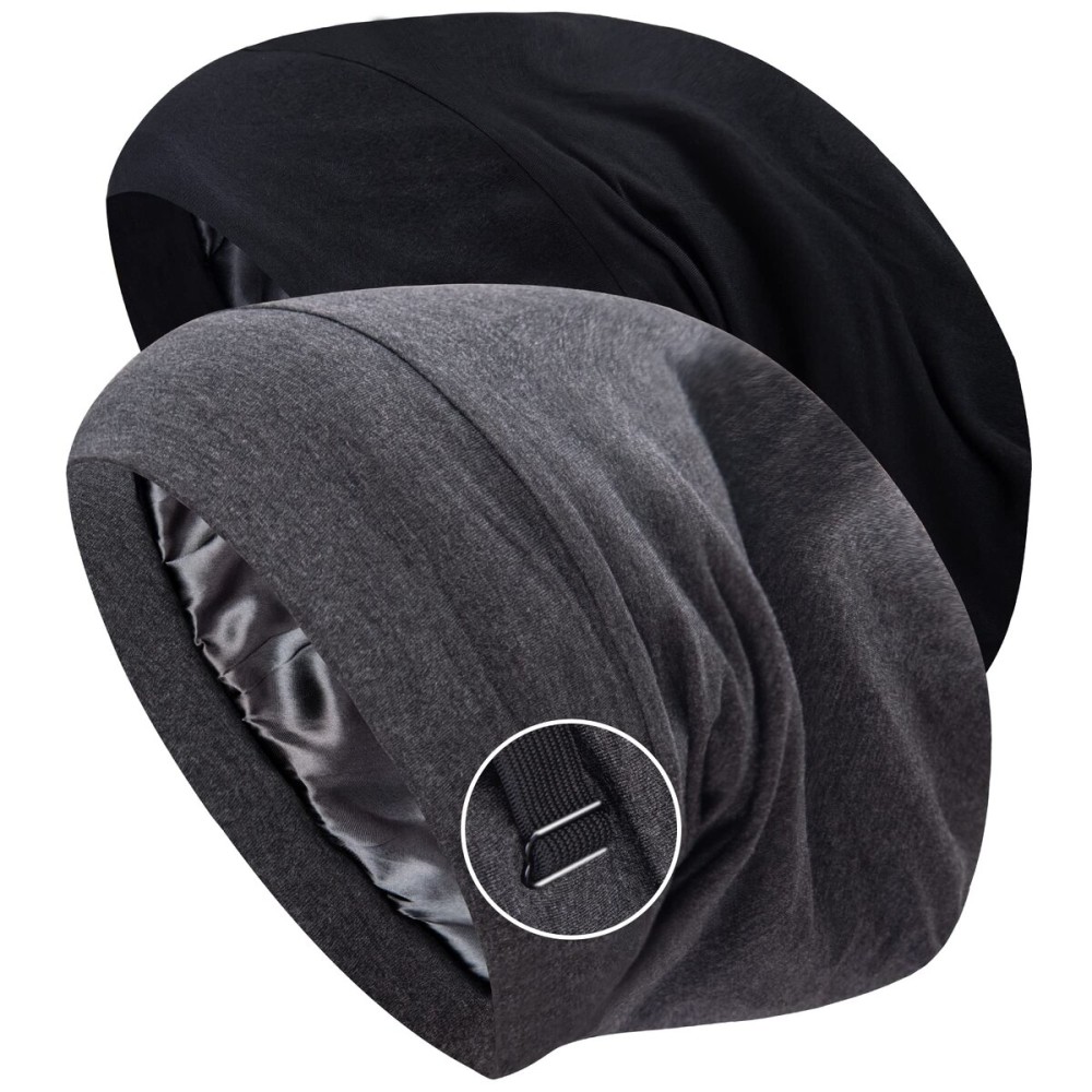 ingeware Silky Bonnet for Sleeping, Extra Large Satin Silky Hair Wrap for Sleeping Satin Lined Hair Bonnet Sleep Cap Slouchy Beanie for Curly Hair Protection for Women Men (Black and Dark Grey)