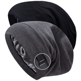 ingeware Silky Bonnet for Sleeping, Extra Large Satin Silky Hair Wrap for Sleeping Satin Lined Hair Bonnet Sleep Cap Slouchy Beanie for Curly Hair Protection for Women Men (Black and Dark Grey)