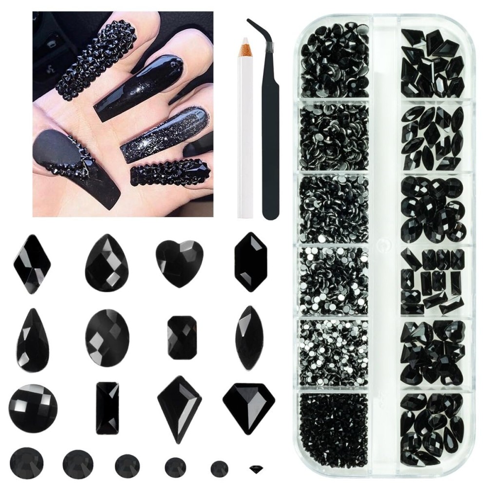 2052Pcs Black Nail Art Rhinestones Kit 72 Multi Shapes Crystal Flatback Rhinestones Gems +1980 Jet Black Round Beads Glass Stones Diamonds Jewels w Tweezer & Wax Pen for Nail Faces Eyes Makeup Crafts