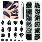 2052Pcs Black Nail Art Rhinestones Kit 72 Multi Shapes Crystal Flatback Rhinestones Gems +1980 Jet Black Round Beads Glass Stones Diamonds Jewels w Tweezer & Wax Pen for Nail Faces Eyes Makeup Crafts