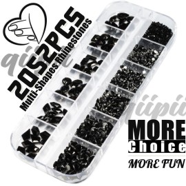2052Pcs Black Nail Art Rhinestones Kit 72 Multi Shapes Crystal Flatback Rhinestones Gems +1980 Jet Black Round Beads Glass Stones Diamonds Jewels w Tweezer & Wax Pen for Nail Faces Eyes Makeup Crafts