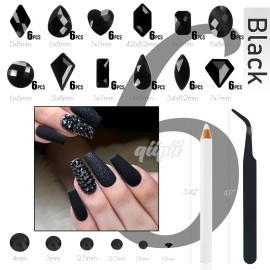 2052Pcs Black Nail Art Rhinestones Kit 72 Multi Shapes Crystal Flatback Rhinestones Gems +1980 Jet Black Round Beads Glass Stones Diamonds Jewels w Tweezer & Wax Pen for Nail Faces Eyes Makeup Crafts