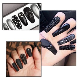 2052Pcs Black Nail Art Rhinestones Kit 72 Multi Shapes Crystal Flatback Rhinestones Gems +1980 Jet Black Round Beads Glass Stones Diamonds Jewels w Tweezer & Wax Pen for Nail Faces Eyes Makeup Crafts