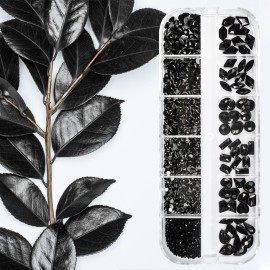 2052Pcs Black Nail Art Rhinestones Kit 72 Multi Shapes Crystal Flatback Rhinestones Gems +1980 Jet Black Round Beads Glass Stones Diamonds Jewels w Tweezer & Wax Pen for Nail Faces Eyes Makeup Crafts
