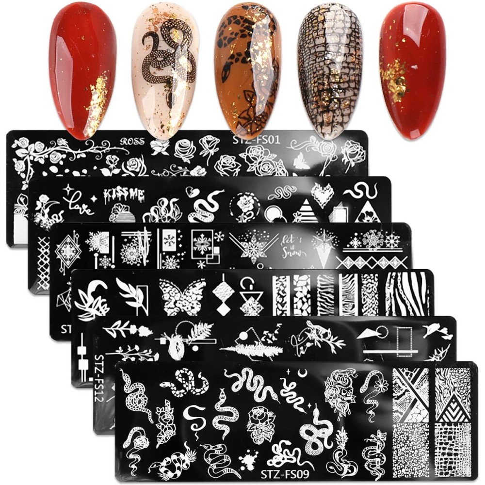 DANNEASY 6 Pieces Nail Stamping Plate Snake Flower Leaf Nail Stamps Abstract Nail Stencils Stamping Plates for Nails Manicure Template Nail Art Tools DIY Nails Accessories (Stylish Series)