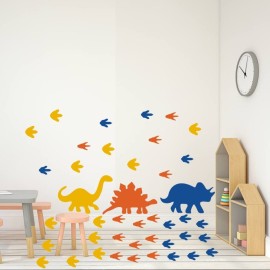 Dinosaur Wall Sticker Vinyl Footprints Decals for Nursery Bedroom Boys or Girls Room Playroom Classroom Living Room Orange Blue Yellow 63pcs