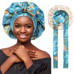 Satin Bonnet Silk Hair Wrap for Sleeping - Reversible Cap with Tie Band Night Cap Double Layer for Curly Hair (Lake Blue Leaves + Champagne)