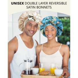 Satin Bonnet Silk Hair Wrap for Sleeping - Reversible Cap with Tie Band Night Cap Double Layer for Curly Hair (Lake Blue Leaves + Champagne)