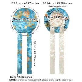 Satin Bonnet Silk Hair Wrap for Sleeping - Reversible Cap with Tie Band Night Cap Double Layer for Curly Hair (Lake Blue Leaves + Champagne)