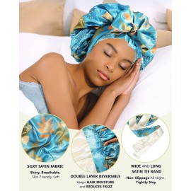 Satin Bonnet Silk Hair Wrap for Sleeping - Reversible Cap with Tie Band Night Cap Double Layer for Curly Hair (Lake Blue Leaves + Champagne)