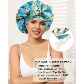 Satin Bonnet Silk Hair Wrap for Sleeping - Reversible Cap with Tie Band Night Cap Double Layer for Curly Hair (Lake Blue Leaves + Champagne)