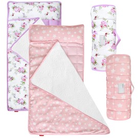 Toddler Nap Mat 2 Pack for Girls, Nap Mat for Kids Preschool, Daycare and Fleece Minky Blanket, Lightweight, Soft, Pink with Star and Lovely Floral