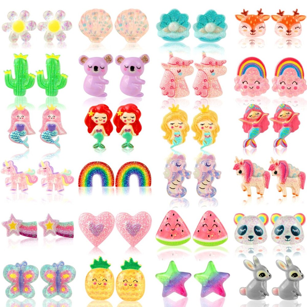 DEVIENG Clip On Earrings for Girls, No Pierced Design Hypoallergenic Kids Clips Earrings Sets Suitable for Ages 4-12 Little Girls Cute Small Stud Earring Jewelry Gifts(Clip On Earrings-24 Pairs)