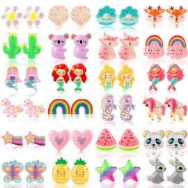 DEVIENG Clip On Earrings for Girls, No Pierced Design Hypoallergenic Kids Clips Earrings Sets Suitable for Ages 4-12 Little Girls Cute Small Stud Earring Jewelry Gifts(Clip On Earrings-24 Pairs)