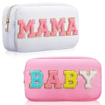 Sanwuta 2 Pieces Mama Gifts Makeup Bag Mom Birthday Gifts Nylon Cosmetic Bag Mothers Day Appreciation Toiletry Preppy Patch Chenille Letter Pouch for Women Her New Mom(White, Pink,Baby and Mama)