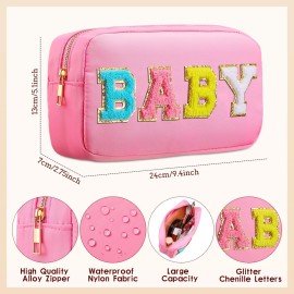 Sanwuta 2 Pieces Mama Gifts Makeup Bag Mom Birthday Gifts Nylon Cosmetic Bag Mothers Day Appreciation Toiletry Preppy Patch Chenille Letter Pouch for Women Her New Mom(White, Pink,Baby and Mama)
