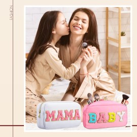 Sanwuta 2 Pieces Mama Gifts Makeup Bag Mom Birthday Gifts Nylon Cosmetic Bag Mothers Day Appreciation Toiletry Preppy Patch Chenille Letter Pouch for Women Her New Mom(White, Pink,Baby and Mama)