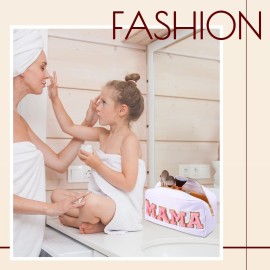 Sanwuta 2 Pieces Mama Gifts Makeup Bag Mom Birthday Gifts Nylon Cosmetic Bag Mothers Day Appreciation Toiletry Preppy Patch Chenille Letter Pouch for Women Her New Mom(White, Pink,Baby and Mama)