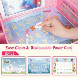 MENZOKE Kids Travel Tray, Car Seat Table Tray, Road Trip Essentials with Educational Drawing Board, Tablet Holder & Cooler Cup Holder, Travel Table for Kids Gifts in Car, Airplane, Multicoloured