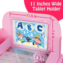 MENZOKE Kids Travel Tray, Car Seat Table Tray, Road Trip Essentials with Educational Drawing Board, Tablet Holder & Cooler Cup Holder, Travel Table for Kids Gifts in Car, Airplane, Multicoloured