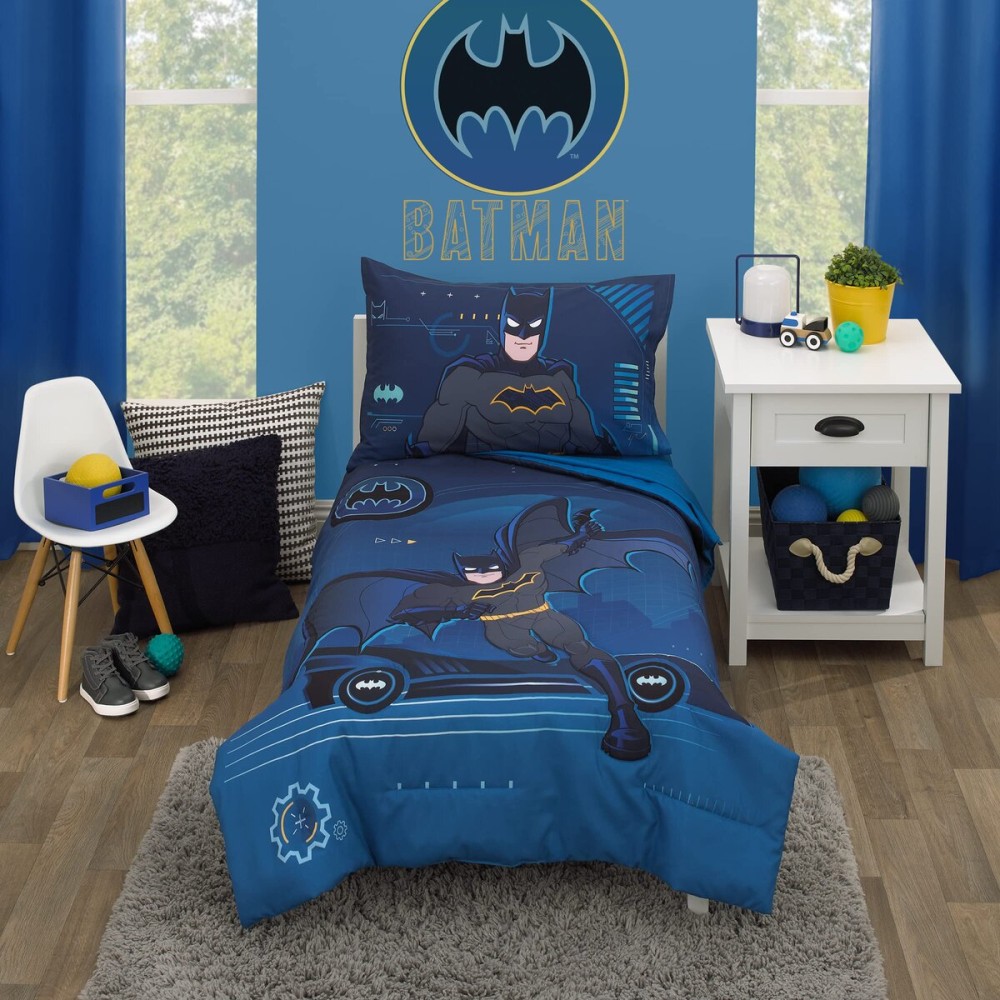 NOJO Warner Brothers Batman Bat-Tech Navy, Teal, Royal Blue, and Black 4 Piece Toddler Bed Set - Comforter, Fitted Bottom Sheet, Flat Top Sheet, and Reversible Pillowcase