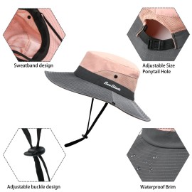 Womens Sun Hat with Ponytail Hole Sun Shade Hat UV Protection Foldable Mesh Wide Brim Beach Hiking Fishing Hat for Women (Pink)