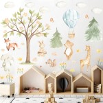Watercolor Tree Animal Wall Stickers Forest Animals Wall Sticker Baby Room Decor Woodland Nursery Murals Decals Peel and Stick Cartoon Hot Air Balloon Animals Vinyl Decal for Kids Room Playroom Decor