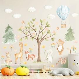 Watercolor Tree Animal Wall Stickers Forest Animals Wall Sticker Baby Room Decor Woodland Nursery Murals Decals Peel and Stick Cartoon Hot Air Balloon Animals Vinyl Decal for Kids Room Playroom Decor