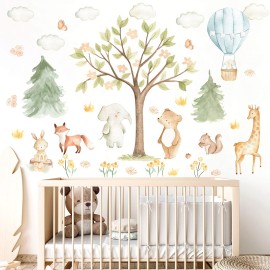 Watercolor Tree Animal Wall Stickers Forest Animals Wall Sticker Baby Room Decor Woodland Nursery Murals Decals Peel and Stick Cartoon Hot Air Balloon Animals Vinyl Decal for Kids Room Playroom Decor