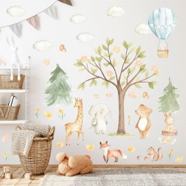 Watercolor Tree Animal Wall Stickers Forest Animals Wall Sticker Baby Room Decor Woodland Nursery Murals Decals Peel and Stick Cartoon Hot Air Balloon Animals Vinyl Decal for Kids Room Playroom Decor
