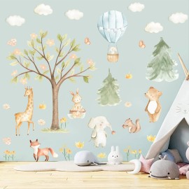 Watercolor Tree Animal Wall Stickers Forest Animals Wall Sticker Baby Room Decor Woodland Nursery Murals Decals Peel and Stick Cartoon Hot Air Balloon Animals Vinyl Decal for Kids Room Playroom Decor