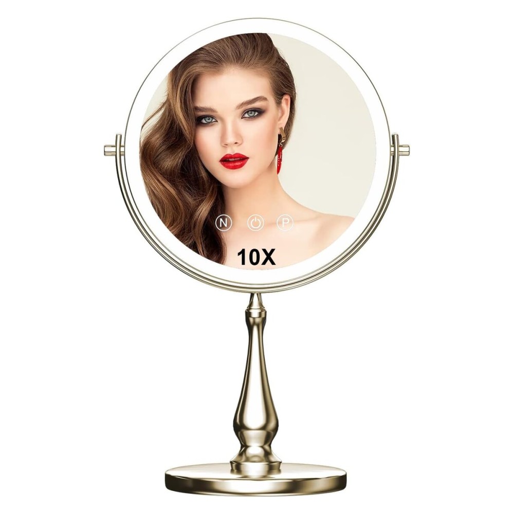 WIZCHARK 9 Large Light Makeup Mirror, 1x / 10x True HD Magnifying Mirror, 3-Color Light dimmable, 2 Rechargeable Makeup Mirrors 360 Rotation, Standing Desk Makeup Mirror, Brush Nickel