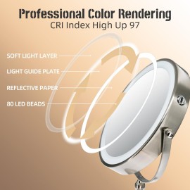 WIZCHARK 9 Large Light Makeup Mirror, 1x / 10x True HD Magnifying Mirror, 3-Color Light dimmable, 2 Rechargeable Makeup Mirrors 360 Rotation, Standing Desk Makeup Mirror, Brush Nickel