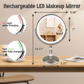 WIZCHARK 9 Large Light Makeup Mirror, 1x / 10x True HD Magnifying Mirror, 3-Color Light dimmable, 2 Rechargeable Makeup Mirrors 360 Rotation, Standing Desk Makeup Mirror, Brush Nickel