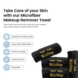 URBLUX Microfiber Makeup Remover Washcloths Set of 6 - Soft, Reusable Face Towels for Makeup Removal Eco-Friendly Embroidered Cleaning Cloths - Multipurpose Make Up Eraser - (Black/Gold Silk)