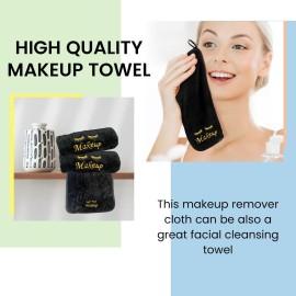 URBLUX Microfiber Makeup Remover Washcloths Set of 6 - Soft, Reusable Face Towels for Makeup Removal Eco-Friendly Embroidered Cleaning Cloths - Multipurpose Make Up Eraser - (Black/Gold Silk)