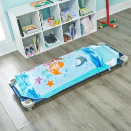 EVERYDAY KIDS Cute Preschooler and Toddler Cot Nap Mat for Home, Daycare, Preschool and Kindergarten; Easy to Roll Sleeping Mat with Elastic Straps, Pillow and Blanket