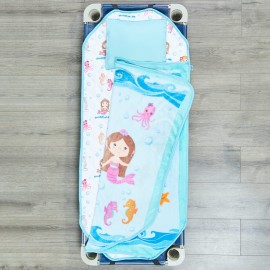 EVERYDAY KIDS Cute Preschooler and Toddler Cot Nap Mat for Home, Daycare, Preschool and Kindergarten; Easy to Roll Sleeping Mat with Elastic Straps, Pillow and Blanket