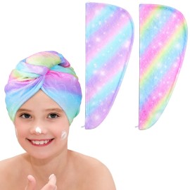 Basumee Microfiber Hair Towel Wrap for Kids 2 Pack Rapid Drying Hair Towel with Button Hair Turbans for Wet Hair Wraps Head Towel Wrap for Women and Girls, Rainbow
