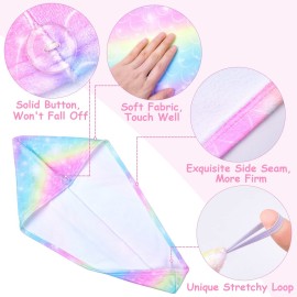 Basumee Microfiber Hair Towel Wrap for Kids 2 Pack Rapid Drying Hair Towel with Button Hair Turbans for Wet Hair Wraps Head Towel Wrap for Women and Girls, Rainbow